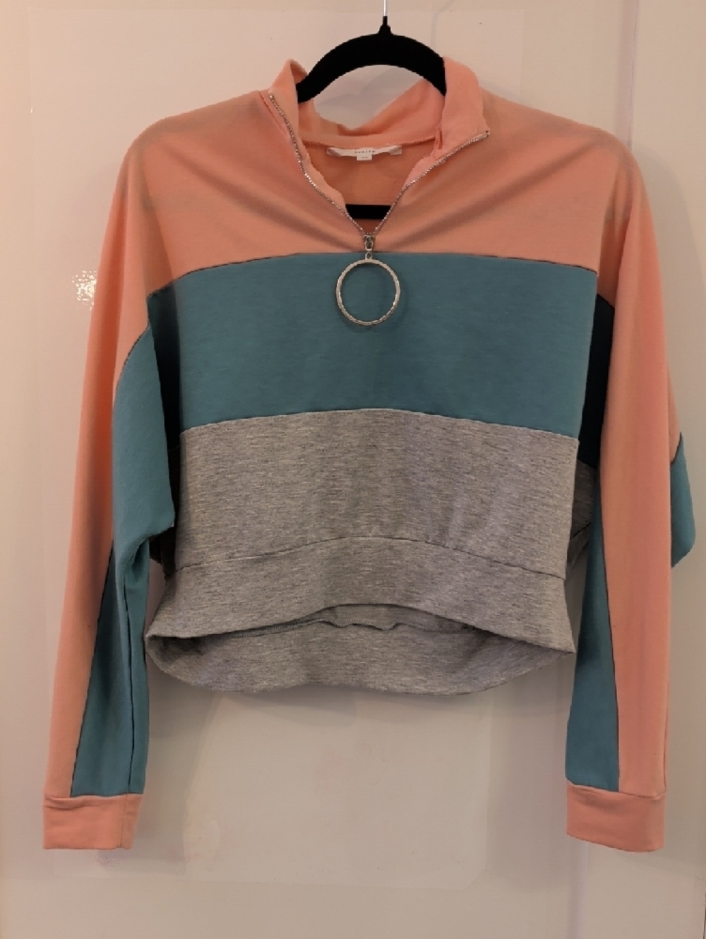 Ivoire Peach Teal Grey Colourblock Half-Zip Pullover Sweater Size S